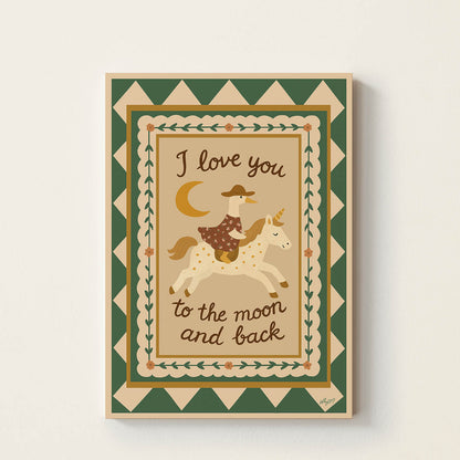 Hand-drawn duck riding a magical unicorn beneath a golden moon with the phrase "I Love You to the Moon and Back", whimsical nursery wall art for baby rooms, bedrooms, and playrooms.