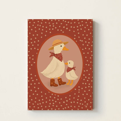 Hand-drawn duck and duckling wearing matching scarves, with the adult duck wearing boots and a straw hat, creating a charming nursery wall art print celebrating family and togetherness.
