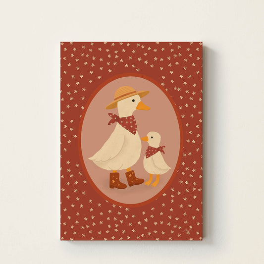 Hand-drawn duck and duckling wearing matching scarves, with the adult duck wearing boots and a straw hat, creating a charming nursery wall art print celebrating family and togetherness.