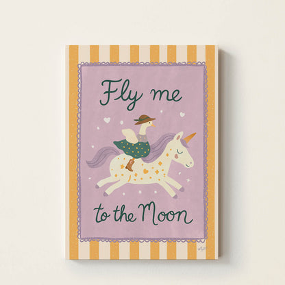 Hand-drawn duck wearing a hat and scarf riding a magical unicorn beneath the words "Fly Me to the Moon", whimsical nursery wall art for bedrooms, playrooms, and children's rooms.
