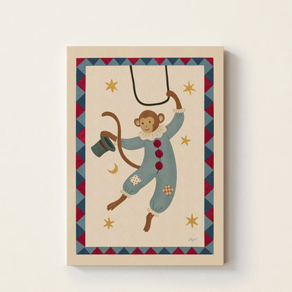 Circus Monkey poster featuring a monkey in a vintage circus costume swinging on a rope while holding a magician's hat on a warm neutral background.
