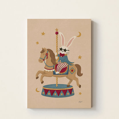 Hand-drawn rabbit riding a carousel horse circus poster for kids nursery and playroom wall decor