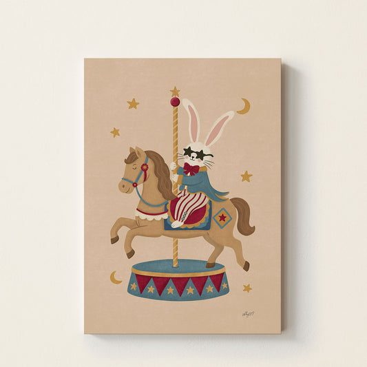 Hand-drawn rabbit riding a carousel horse circus poster for kids nursery and playroom wall decor