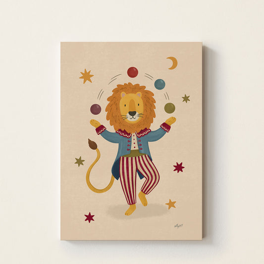 Circus Lion poster featuring a lion in a vintage circus costume juggling colorful balls surrounded by stars and moon details on a warm neutral background.
