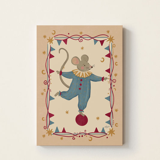 Circus Mouse poster featuring a mouse in a vintage circus costume balancing on a red circus ball surrounded by bunting, stars, and moon details on a warm neutral background.