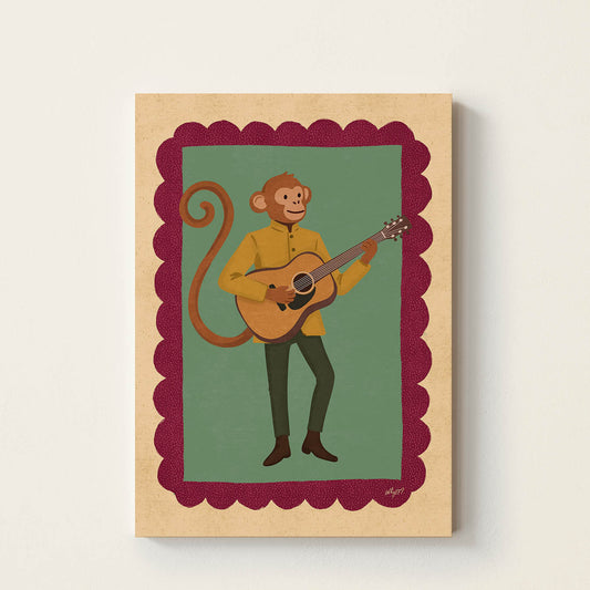 Hand-drawn monkey playing an acoustic guitar, retro-inspired music wall art for nurseries, children's bedrooms, playrooms, and music rooms.