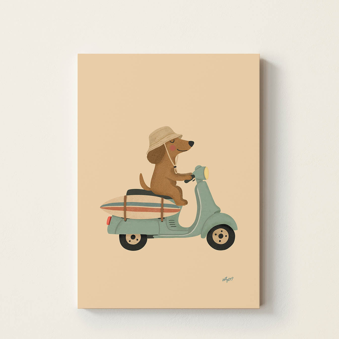 Hand-drawn puppy riding a vintage mint scooter with a surfboard attached to the side, retro-inspired beach wall art for nurseries, children's bedrooms, playrooms, and beach houses.