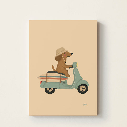 Hand-drawn puppy riding a vintage mint scooter with a surfboard attached to the side, retro-inspired beach wall art for nurseries, children's bedrooms, playrooms, and beach houses.