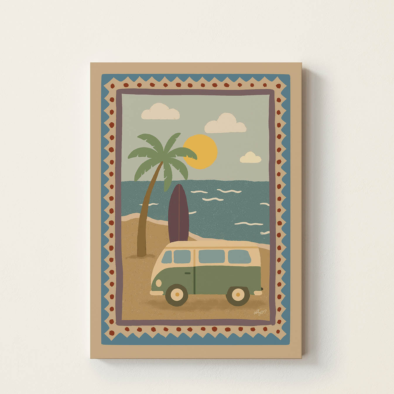 Hand-drawn vintage camper van parked on a sandy beach beside a surfboard, palm tree, and ocean, retro-inspired coastal wall art for nurseries, bedrooms, playrooms, and beach houses.