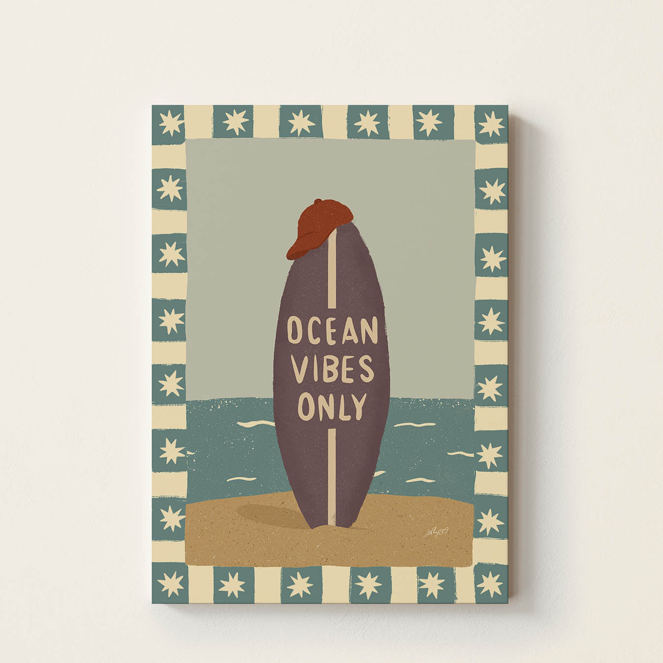 Hand-drawn surfboard on a sandy beach featuring the phrase "Ocean Vibes Only", retro-inspired coastal wall art for nurseries, children's bedrooms, playrooms, and beach houses.