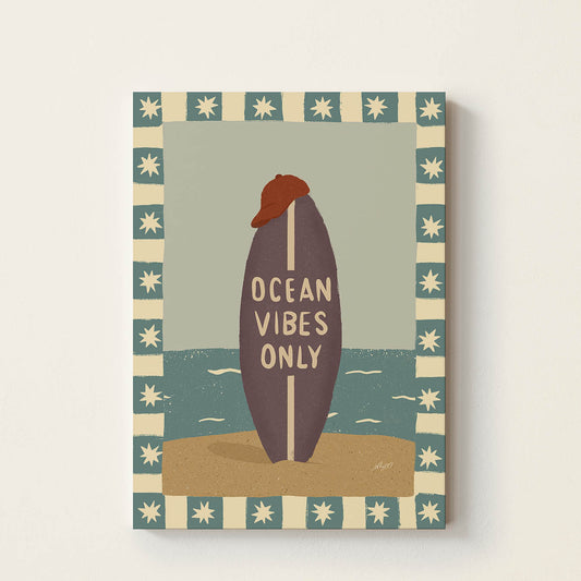 Hand-drawn surfboard on a sandy beach featuring the phrase "Ocean Vibes Only", retro-inspired coastal wall art for nurseries, children's bedrooms, playrooms, and beach houses.