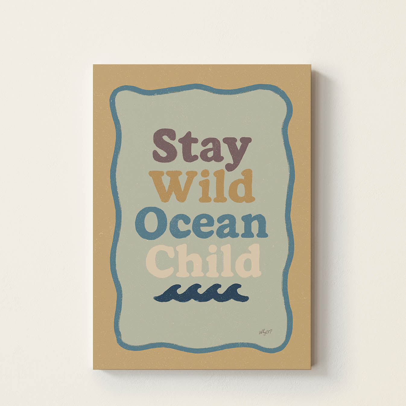 Hand-drawn typography poster featuring the phrase "Stay Wild Ocean Child" in retro lettering with a small wave illustration, coastal wall art for nurseries, children's bedrooms, beach houses, and playrooms.