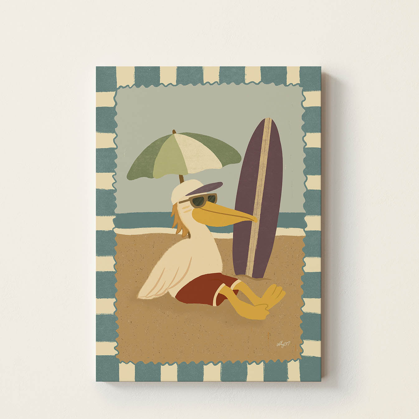 Hand-drawn pelican relaxing on a sandy beach beside a surfboard under a beach umbrella, retro-inspired coastal wall art for nurseries, children's bedrooms, playrooms, and beach houses.