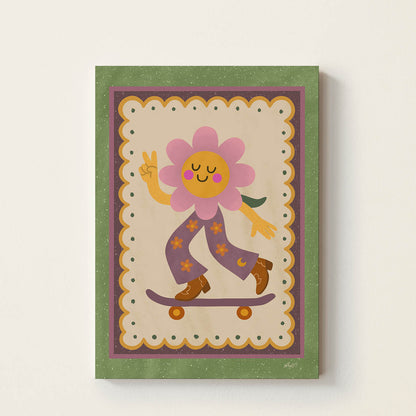 Hand-drawn smiling flower character riding a skateboard while making a peace sign, retro-inspired kids wall art for nurseries, bedrooms, and playrooms.
