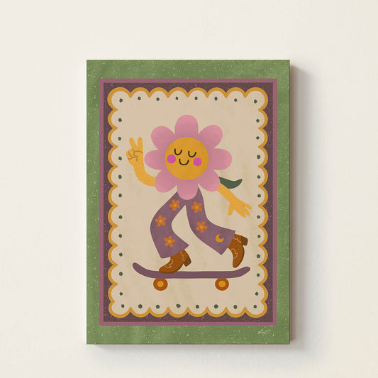 Hand-drawn smiling flower character riding a skateboard while making a peace sign, retro-inspired kids wall art for nurseries, bedrooms, and playrooms.
