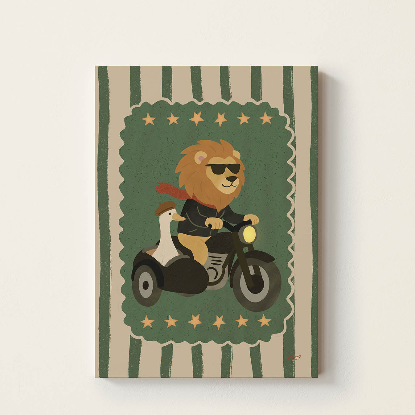 Hand-drawn lion wearing sunglasses riding a vintage motorcycle with a goose in a sidecar, retro-inspired adventure wall art for nurseries, children's bedrooms, playrooms, and reading corners.