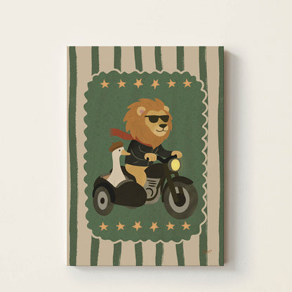 Hand-drawn lion wearing sunglasses riding a vintage motorcycle with a goose in a sidecar, retro-inspired adventure wall art for nurseries, children's bedrooms, playrooms, and reading corners.