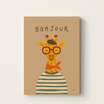 Bonjour giraffe poster featuring a cheerful giraffe wearing glasses, a striped shirt, and a scarf on a warm neutral background.