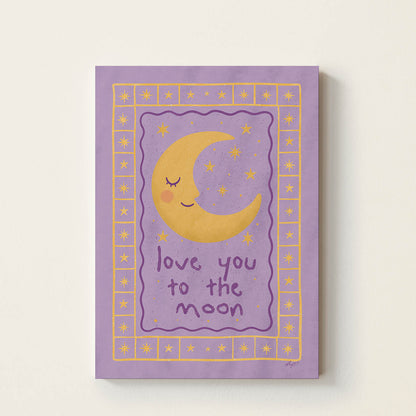 Hand-drawn smiling crescent moon surrounded by stars with the words "Love You to the Moon", whimsical nursery wall art in soft purple and yellow tones for babies' rooms and children's bedrooms.