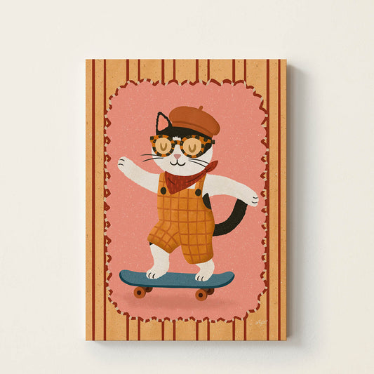 Hand-drawn cat wearing a beret, sunglasses, and a scarf while riding a skateboard, whimsical retro kids wall art for nurseries, bedrooms, and playrooms.