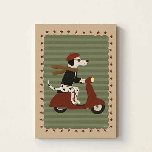 Hand-drawn Dalmatian wearing a red beret and scarf while riding a vintage red scooter, retro-inspired kids wall art for nurseries, bedrooms, playrooms, and reading corners.