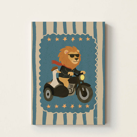 Hand-drawn lion wearing sunglasses riding a vintage motorcycle with a goose in a sidecar, whimsical Ride & Roll wall art for kids' bedrooms, nurseries, and playrooms.