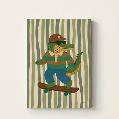 Hand-drawn crocodile wearing sunglasses and a cap riding a skateboard, playful kids wall art poster for nursery, bedroom, and playroom decor