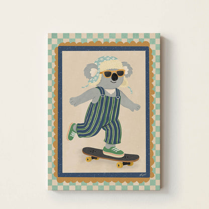 Hand-drawn koala wearing sunglasses, striped overalls, and an aviator hat while riding a skateboard, whimsical kids wall art for nurseries, bedrooms, and playrooms.