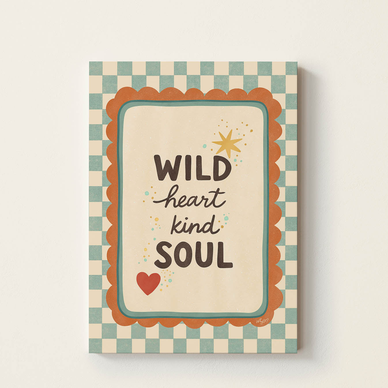 Hand-drawn typography poster featuring the inspirational phrase "Wild Heart Kind Soul" with retro-style lettering and playful decorative elements, perfect for nurseries, bedrooms, playrooms, and classrooms.
