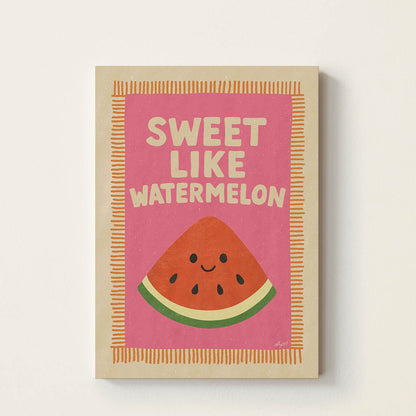 Hand-drawn smiling watermelon with the phrase "Sweet Like Watermelon", colourful retro-inspired kids wall art for nurseries, bedrooms, playrooms, and classrooms.