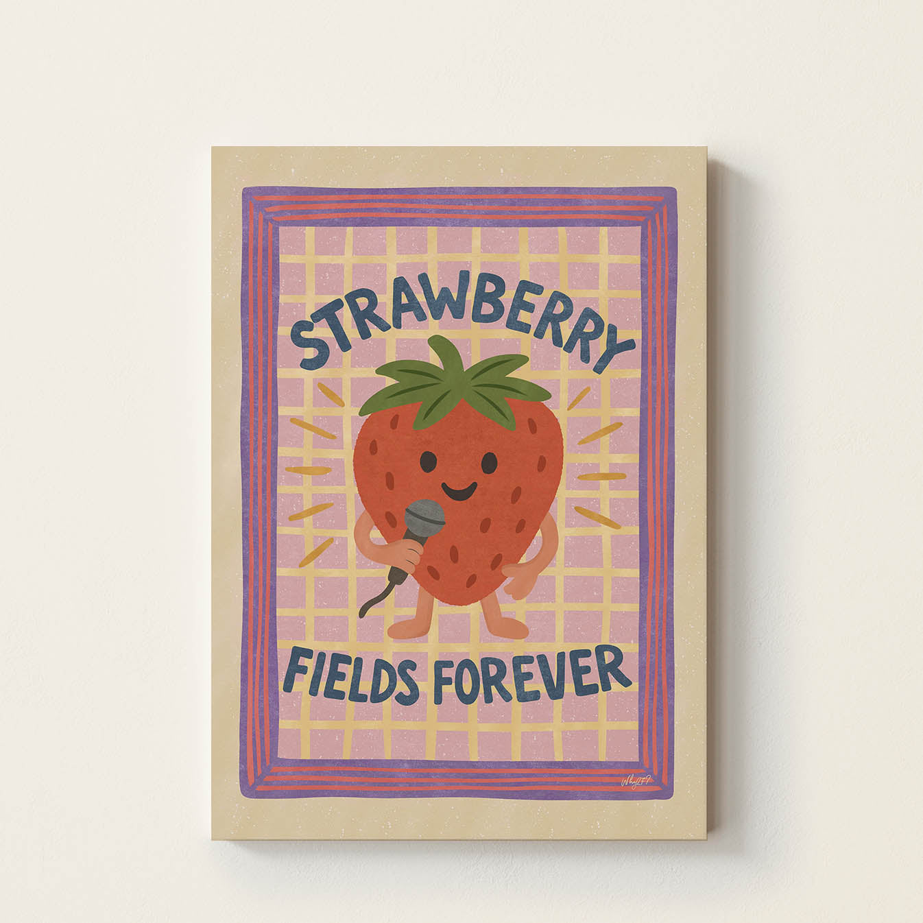 Hand-drawn smiling strawberry holding a microphone beneath the words "Strawberry Fields Forever", retro-inspired kids wall art for nurseries, bedrooms, playrooms, and music rooms.
