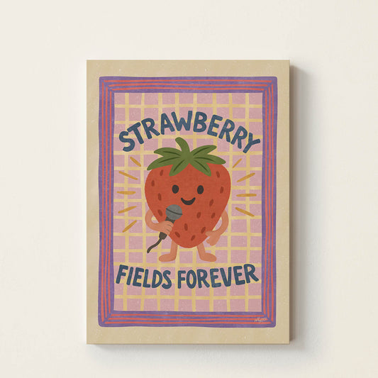 Hand-drawn smiling strawberry holding a microphone beneath the words "Strawberry Fields Forever", retro-inspired kids wall art for nurseries, bedrooms, playrooms, and music rooms.