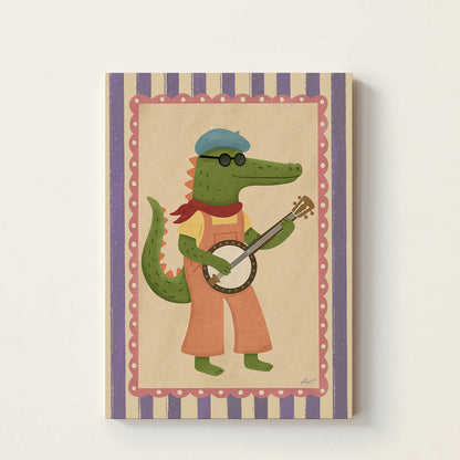Hand-drawn vintage crocodile playing a banjo with decorative frame, children's music wall art for nursery, bedroom, and playroom decor