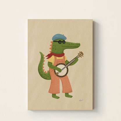 Hand-drawn crocodile playing a banjo wearing sunglasses and a beret, colorful kids wall art poster for nursery, bedroom, and music room decor