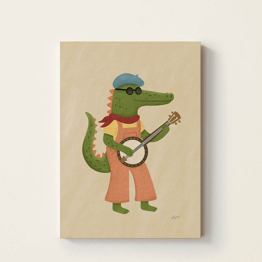 Hand-drawn crocodile playing a banjo wearing sunglasses and a beret, colorful kids wall art poster for nursery, bedroom, and music room decor