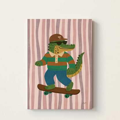 Hand-drawn crocodile wearing sunglasses and a cap riding a skateboard on a pink striped background, playful kids wall art poster for nursery and bedroom decor