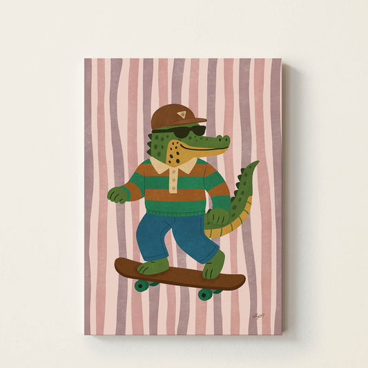 Hand-drawn crocodile wearing sunglasses and a cap riding a skateboard on a pink striped background, playful kids wall art poster for nursery and bedroom decor