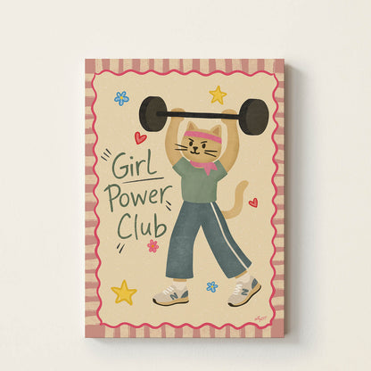 Hand-drawn cat lifting weights beneath the phrase Girl Power Club, empowering girls wall art poster designed to inspire confidence, courage, and self-belief in nurseries, bedrooms, and playrooms.