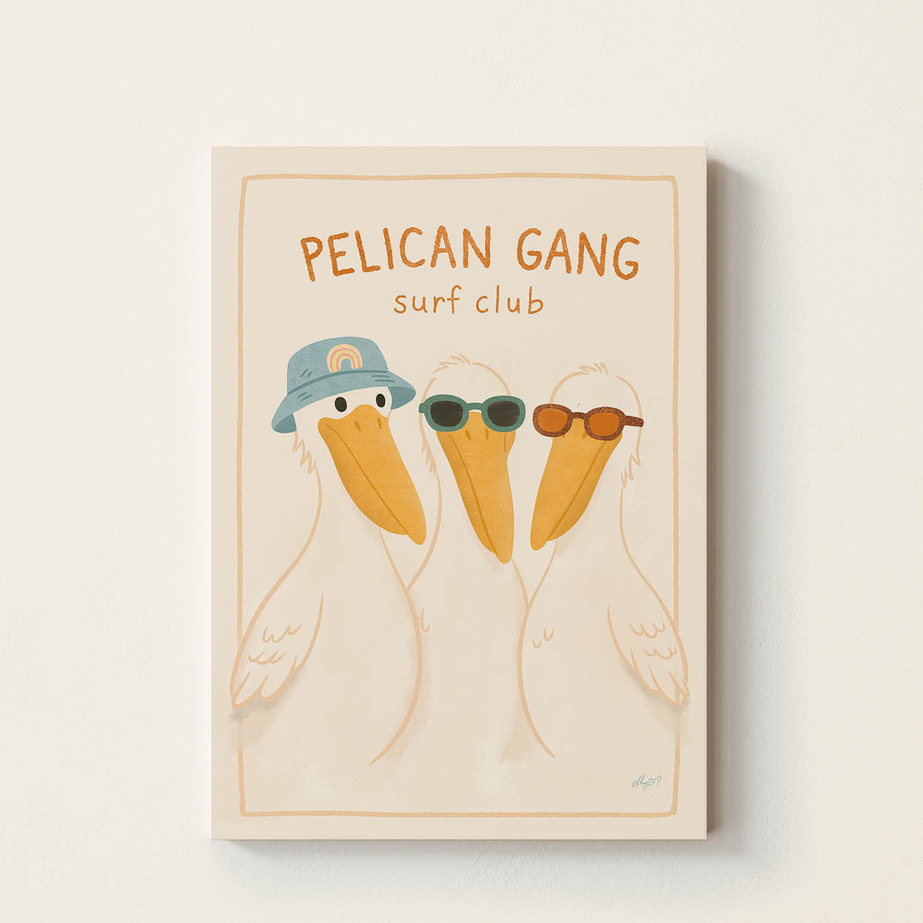 Hand-drawn illustration of three pelicans wearing sunglasses beneath the words "Pelican Gang Surf Club", retro-inspired beach wall art for nurseries, bedrooms, playrooms, and coastal homes.