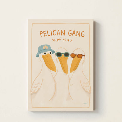 Hand-drawn illustration of three pelicans wearing sunglasses beneath the words "Pelican Gang Surf Club", retro-inspired beach wall art for nurseries, bedrooms, playrooms, and coastal homes.
