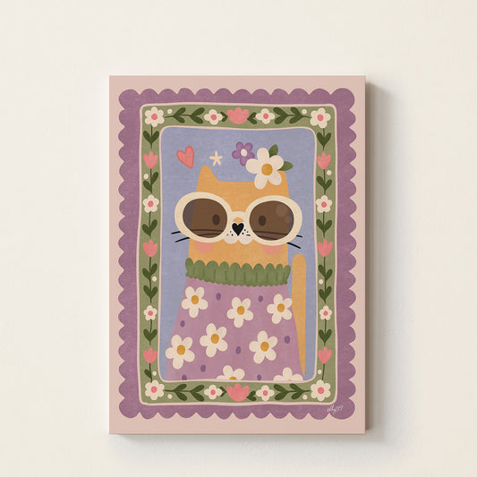 Hand-drawn cat wearing oversized sunglasses and a floral outfit surrounded by flowers and hearts, whimsical kids wall art poster for nursery, bedroom, and playroom decor.