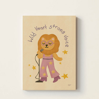 Hand-drawn lion holding a microphone with a warm retro-inspired style, inspirational kids wall art celebrating confidence, creativity, and self-expression for nurseries, bedrooms, playrooms, and music rooms.
