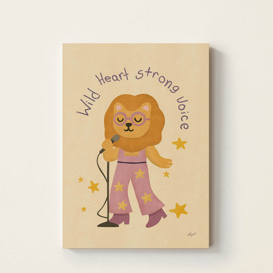 Hand-drawn lion holding a microphone with a warm retro-inspired style, inspirational kids wall art celebrating confidence, creativity, and self-expression for nurseries, bedrooms, playrooms, and music rooms.