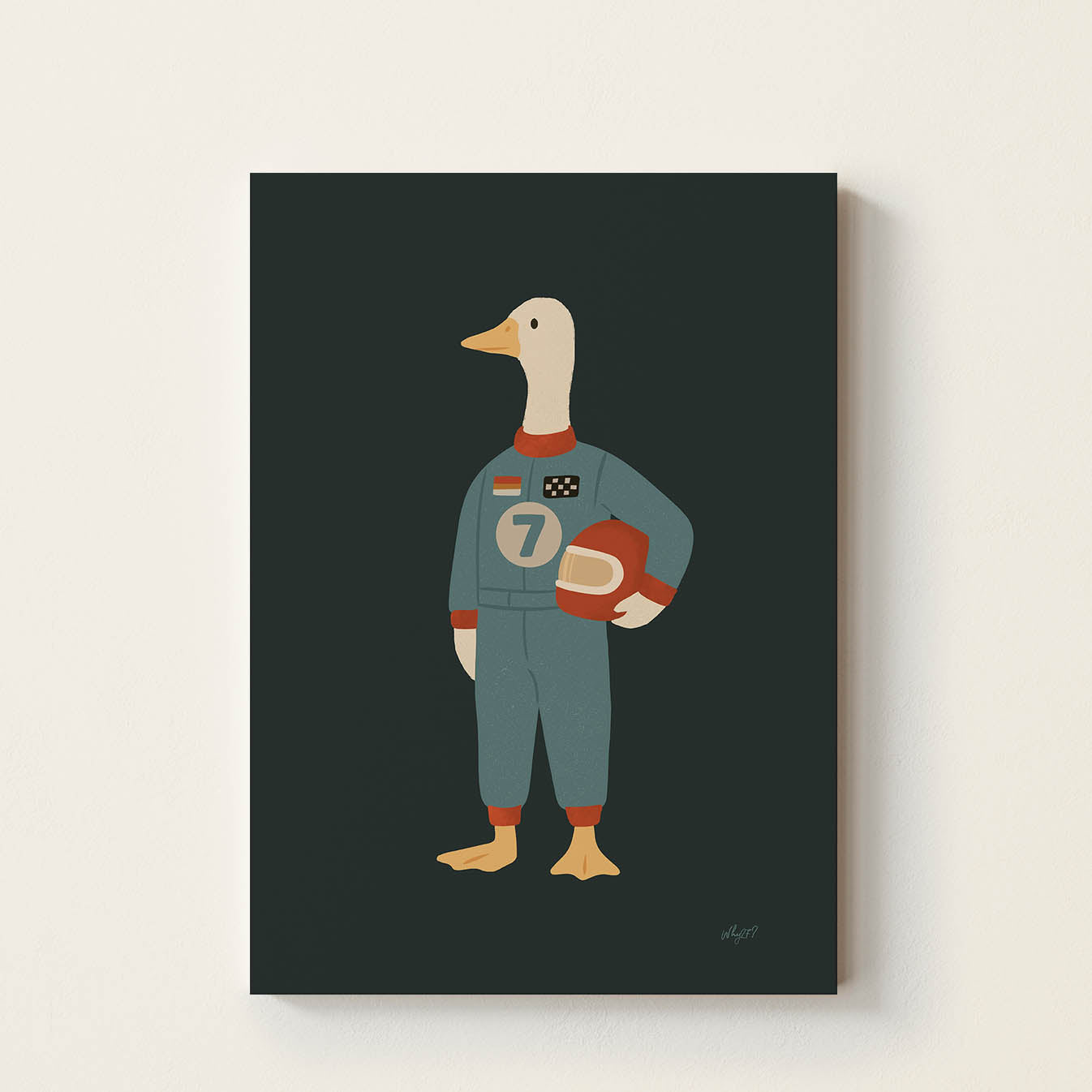 Hand-drawn goose wearing a vintage racing suit and holding a retro racing helmet, whimsical motorsport wall art for nurseries, children's bedrooms, playrooms, and race car-themed spaces.