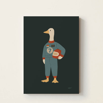 Hand-drawn goose wearing a vintage racing suit and holding a retro racing helmet, whimsical motorsport wall art for nurseries, children's bedrooms, playrooms, and race car-themed spaces.