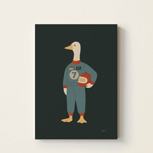 Hand-drawn goose wearing a vintage racing suit and holding a retro racing helmet, whimsical motorsport wall art for nurseries, children's bedrooms, playrooms, and race car-themed spaces.