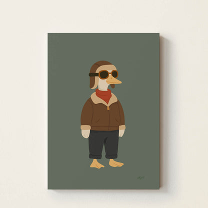 Hand-drawn goose wearing a vintage aviator helmet, goggles, leather flight jacket, and scarf, retro-inspired kids wall art for nurseries, bedrooms, playrooms, and reading corners.