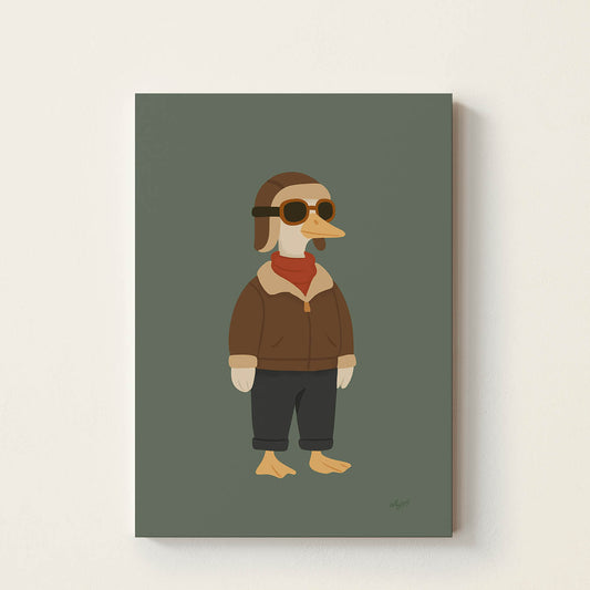 Hand-drawn goose wearing a vintage aviator helmet, goggles, leather flight jacket, and scarf, retro-inspired kids wall art for nurseries, bedrooms, playrooms, and reading corners.