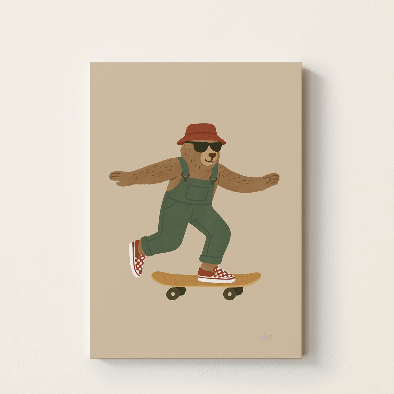 Hand-drawn bear riding a skateboard while wearing green overalls, sunglasses, and a red bucket hat, retro-inspired skateboard wall art for nurseries, children's bedrooms, playrooms, and reading corners.