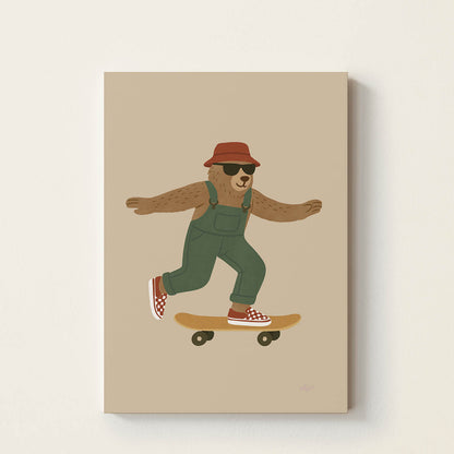 Hand-drawn bear riding a skateboard while wearing green overalls, sunglasses, and a red bucket hat, retro-inspired skateboard wall art for nurseries, children's bedrooms, playrooms, and reading corners.